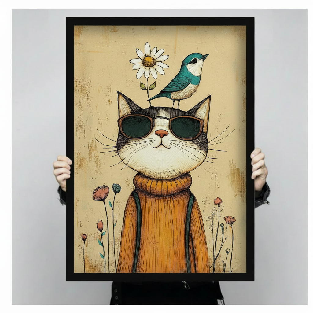 Close-up of black framed cool cat sunglasses and blue bird wall art print held by hands, showing detailed vintage folk illustration with wildflowers and aged texture