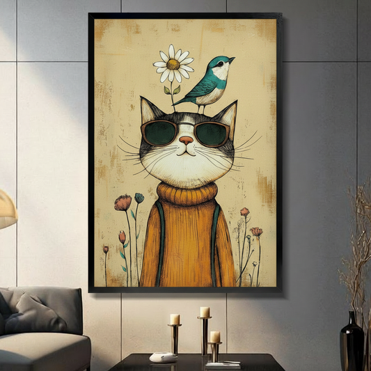 Framed cool cat wearing sunglasses wall art print with blue bird and daisy on head, vintage folk illustration in mustard sweater, modern living room decor