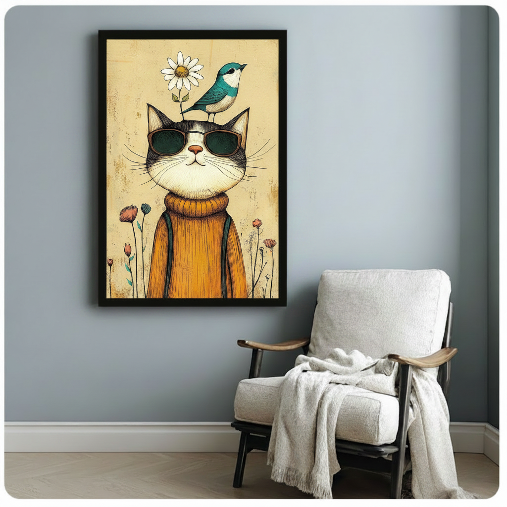 Black framed vintage cat with sunglasses and bird art print on blue-gray wall beside white armchair, whimsical boho cat illustration for home decor