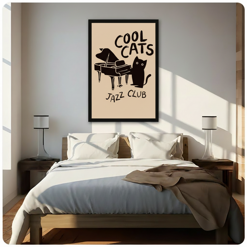 Framed jazz-themed canvas of a black cat beside a grand piano with "Cool Cats Jazz Club" lettering on a beige background, displayed above a wooden bed in a sunlit minimalist bedroom