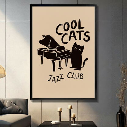 Framed canvas wall art of a black cat standing beside a grand piano with bold "Cool Cats Jazz Club" lettering on a warm beige background, displayed in a dark modern living room