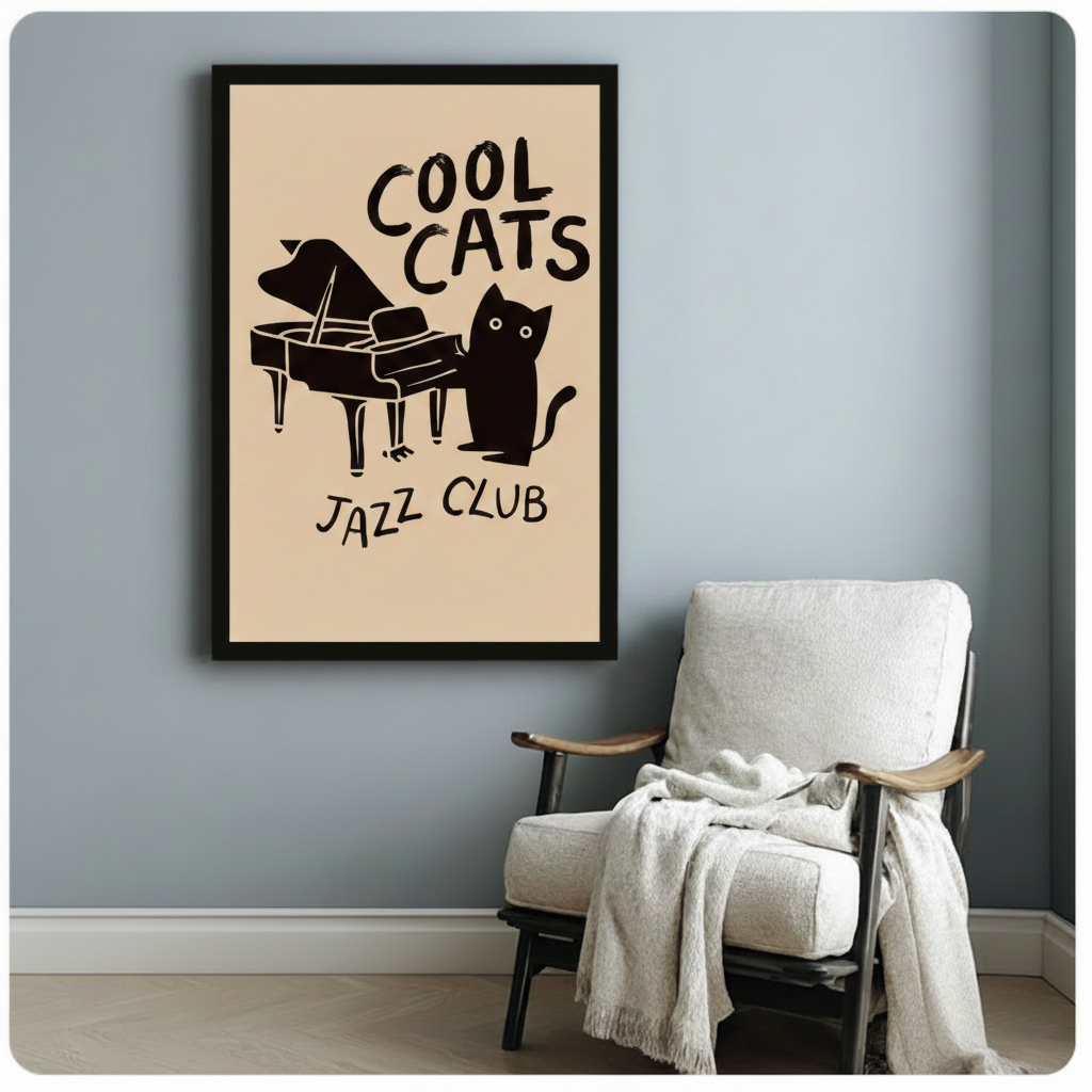 Vertical framed canvas of a cartoon black cat leaning on a grand piano with bold jazz club lettering on a beige background, hung on a blue-grey wall beside a linen accent chair