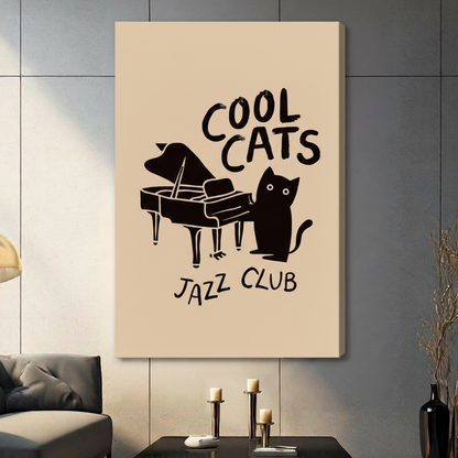 Gallery-wrapped canvas featuring a whimsical black cat next to a grand piano with hand-lettered "Cool Cats Jazz Club" text on a cream beige background, hung in a contemporary living space