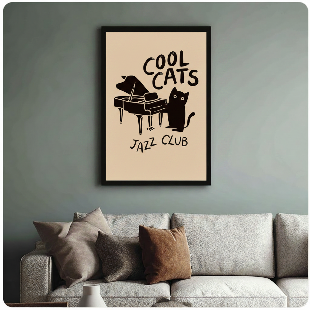 Framed retro-style art print of a black cat with wide eyes beside a grand piano and "Cool Cats Jazz Club" typography, styled above a neutral linen sofa on a sage green wall