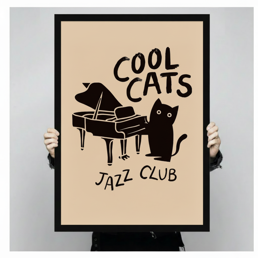 Hand-held framed wall art print showing a bold black cat standing next to a grand piano with "Cool Cats Jazz Club" brush-lettered text on a warm cream background