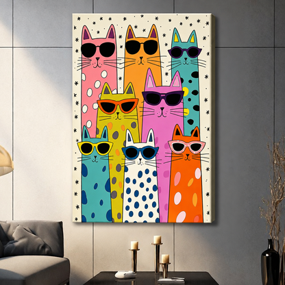 Pop art illustration of nine colorful cats in sunglasses with polka dot patterns pink orange teal yellow and white funny cat wall art stretched canvas dark panel wall living room