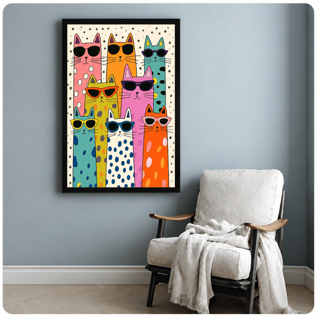 Pop art illustration of nine colorful cats in sunglasses with polka dot patterns pink orange teal yellow and white funny cat wall art framed print beside armchair blue-gray wall