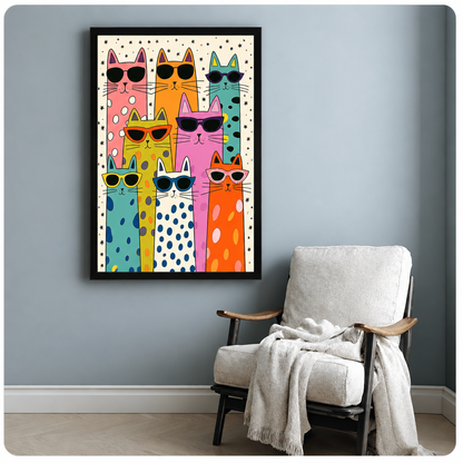 Pop art illustration of nine colorful cats in sunglasses with polka dot patterns pink orange teal yellow and white funny cat wall art framed print beside armchair blue-gray wall
