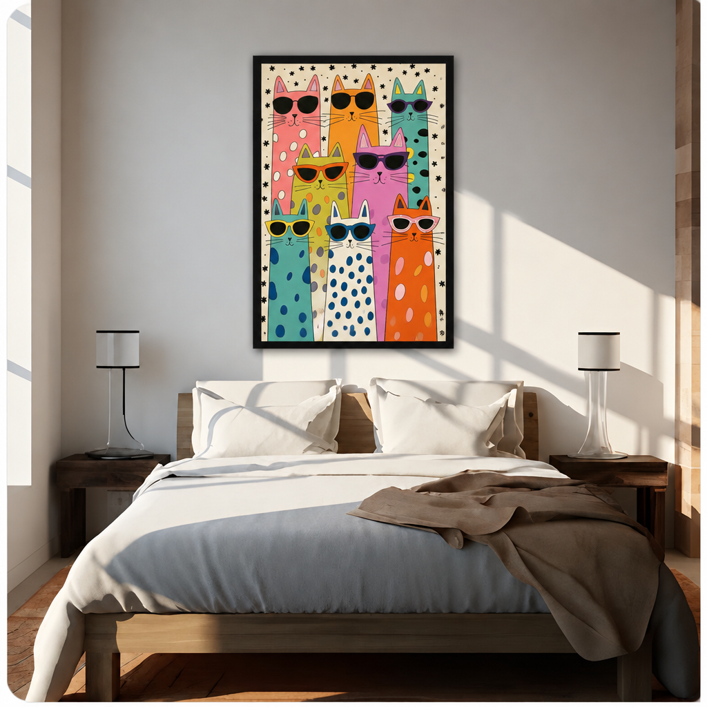 Pop art illustration of nine colorful cats in sunglasses with polka dot patterns pink orange teal yellow and white funny cat wall art framed print above bed sunlit bedroom