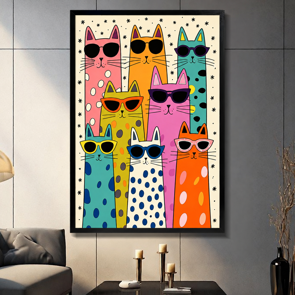 Pop art illustration of nine colorful cats in sunglasses with polka dot patterns pink orange teal yellow and white funny cat wall art framed print dark panel wall living room
