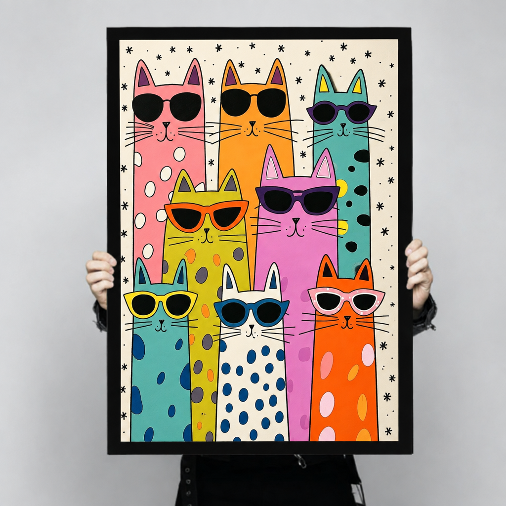 Pop art illustration of nine colorful cats in sunglasses with polka dot patterns pink orange teal yellow and white funny cat wall art framed print held up