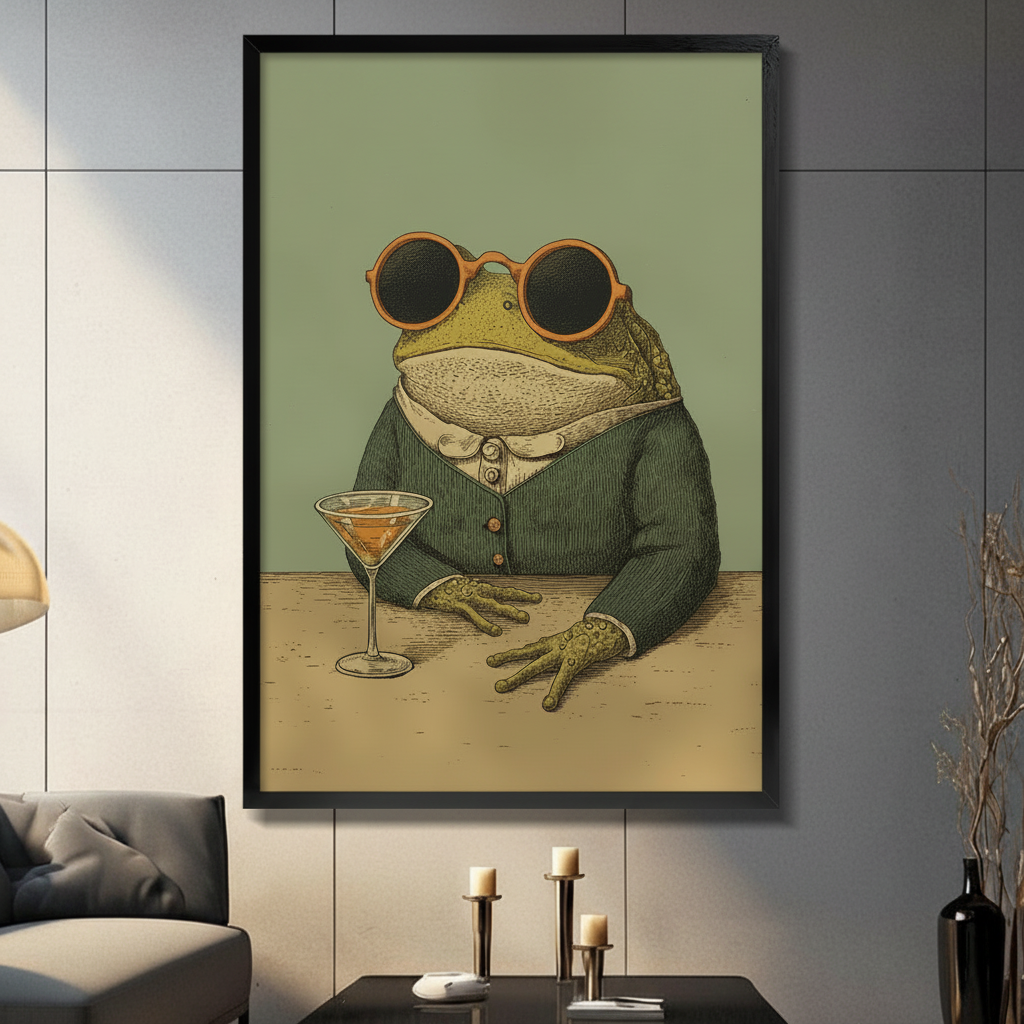 Vintage cool frog in suit with martini glass framed wall art print displayed in modern living room