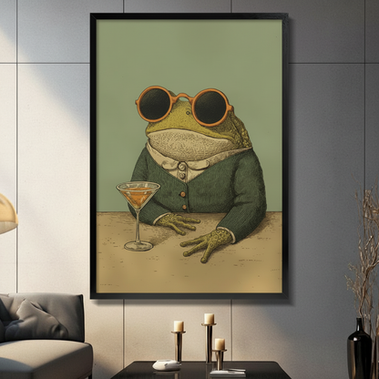 Vintage cool frog in suit with martini glass framed wall art print displayed in modern living room