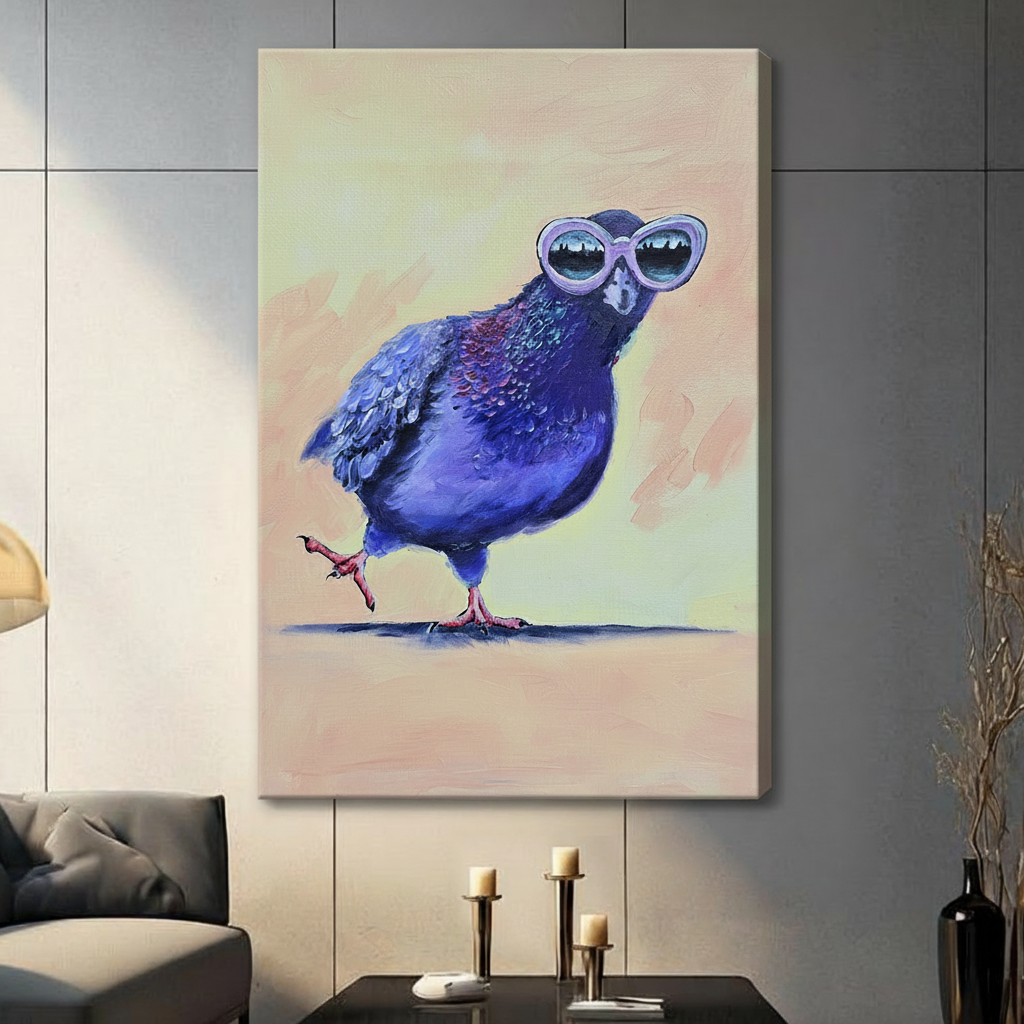 Witty thick impasto oil painting of a plump violet-blue pigeon mid-stride with pink claws tilting its head back wearing large white oval sunglasses with mirrored city skyline lenses against a soft cream and lime green brushstroke background funny urban bird stretched canvas wall art print hanging in a contemporary living room with dark gray tiled wall