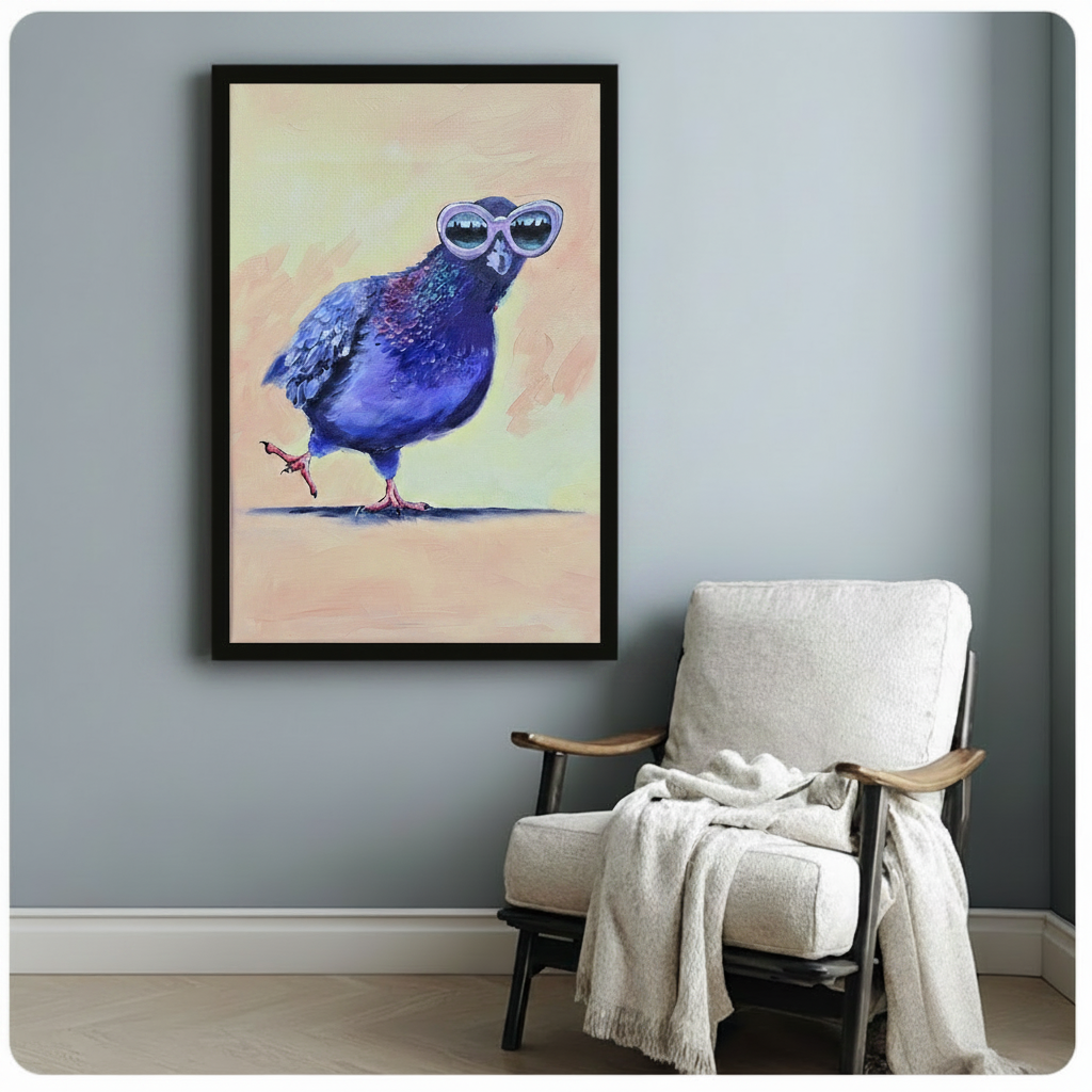 Playful expressive oil painting of a confident deep purple pigeon walking with one foot lifted wearing oversized white cat-eye glasses with reflective city skyline lenses pink feet and bold impasto brushstrokes on a warm yellow-green and peach gradient background funny pigeon art framed art poster displayed beside a white fabric lounge chair with draped throw blanket against a soft blue-gray wall