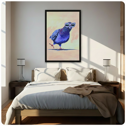 Quirky impasto oil painting of a round deep blue pigeon strutting confidently with one leg raised and pink claws wearing oversized white oval sunglasses with mirrored city skyline reflection tilting head back on a soft cream and lime green gradient background humorous urban bird wall decor framed wall art print hanging above a modern bedroom bed with white linen bedding, dark wood nightstands, and minimalist white table lamps