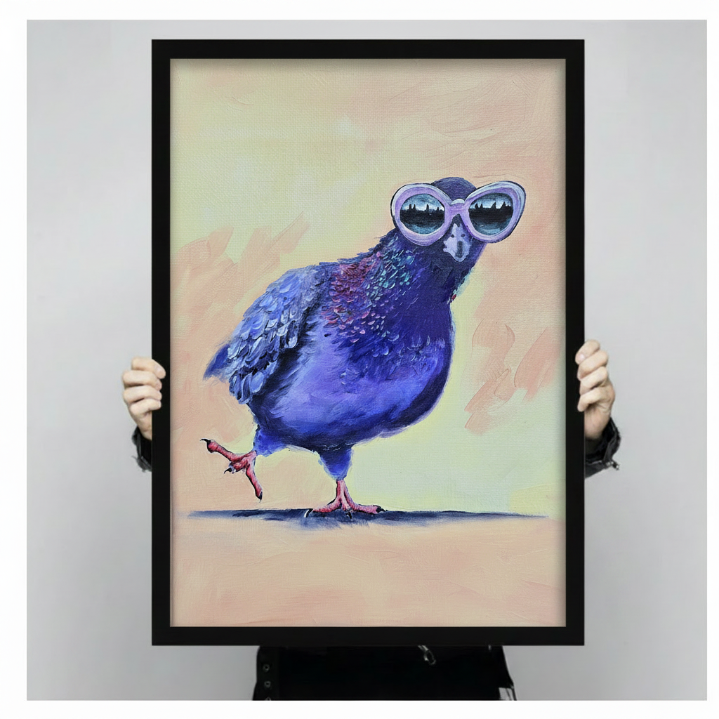 Comical impasto oil painting of a strutting blue-purple pigeon with raised pink claw wearing giant white retro cat-eye sunglasses reflecting a city skyline looking upward with attitude on a warm beige and yellow-green painterly background funny cool bird wall art framed wall art print held up for size reference against a light gray neutral background