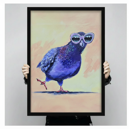 Comical impasto oil painting of a strutting blue-purple pigeon with raised pink claw wearing giant white retro cat-eye sunglasses reflecting a city skyline looking upward with attitude on a warm beige and yellow-green painterly background funny cool bird wall art framed wall art print held up for size reference against a light gray neutral background