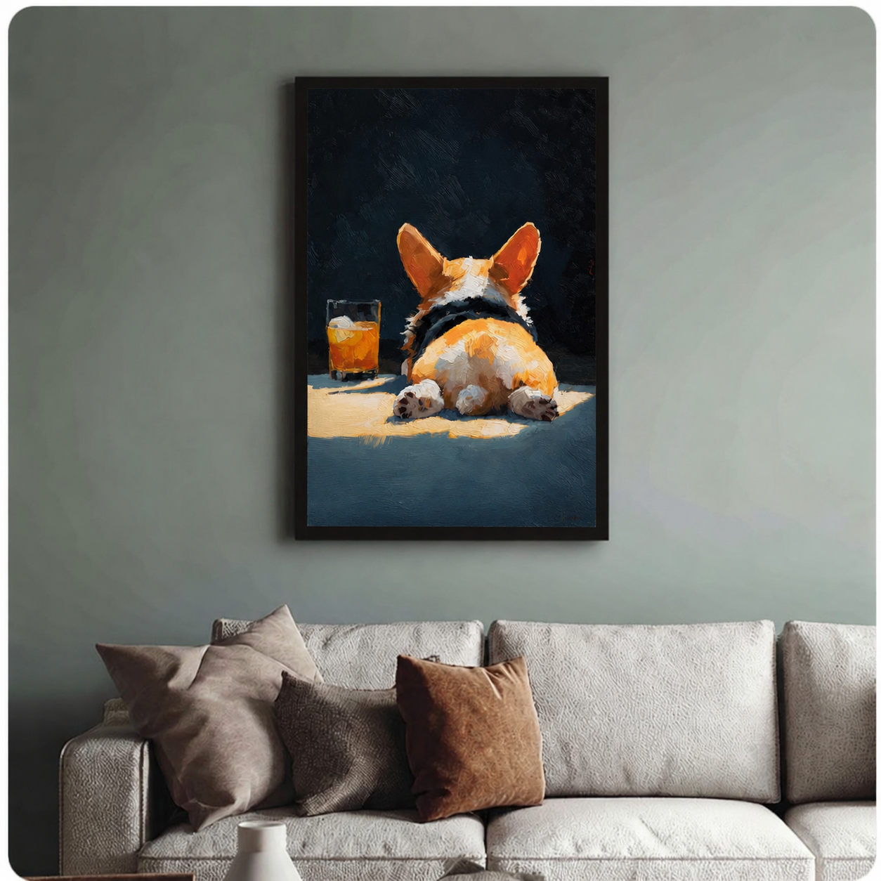 Black-framed corgi butt painting above a beige sofa on a sage green wall, funny dog wall art for living room decor