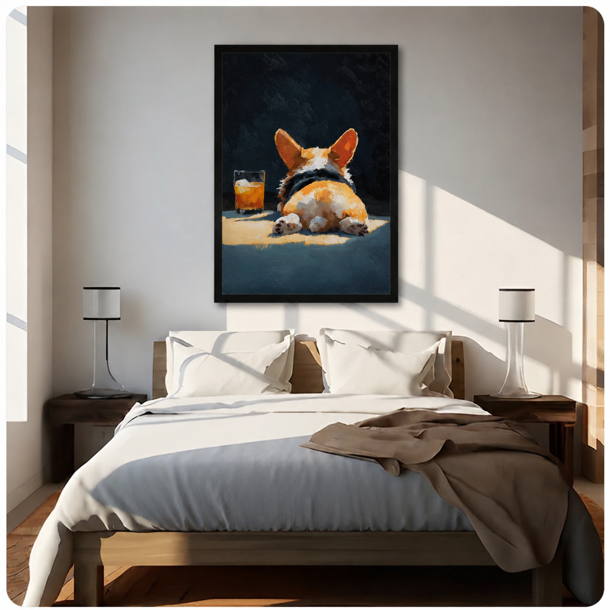 Black-framed corgi butt wall art displayed above a wooden bed in a sunlit minimalist bedroom, funny dog painting for bedroom decor