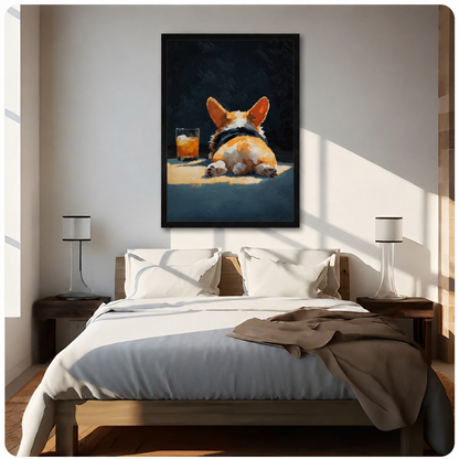 Black-framed corgi butt wall art displayed above a wooden bed in a sunlit minimalist bedroom, funny dog painting for bedroom decor