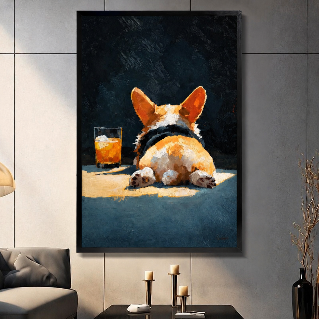 Framed oil painting of a corgi butt lying next to a whiskey glass, displayed on a dark gray wall in a modern living room