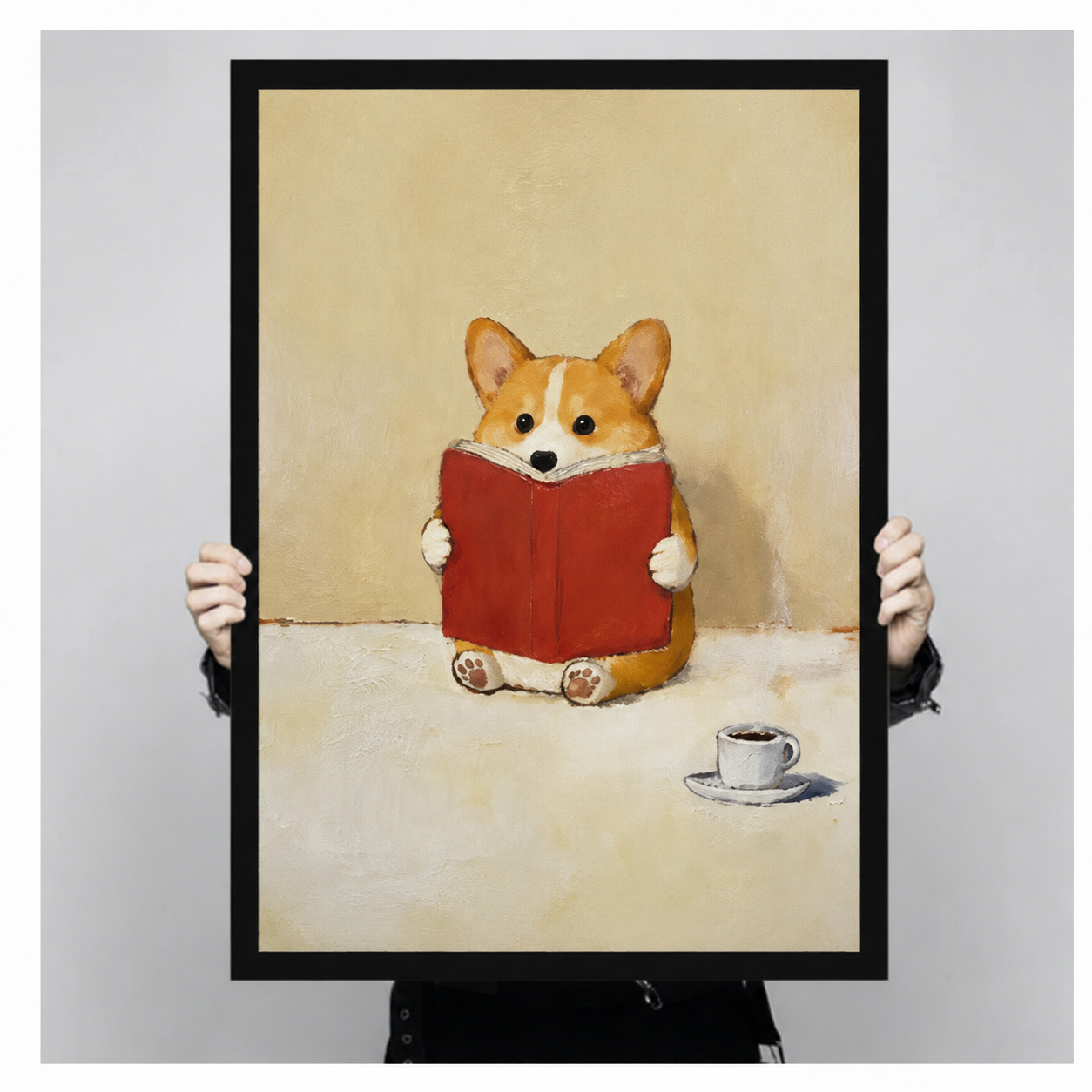 Close-up of a black-framed corgi reading a red book art print being held by hand, showing warm beige tones and oil painting texture
