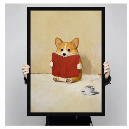 Close-up of a black-framed corgi reading a red book art print being held by hand, showing warm beige tones and oil painting texture