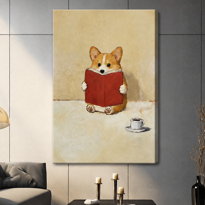 Unframed canvas wall art of a corgi holding a red book beside a coffee cup, hung on a dark gray wall in a contemporary living space