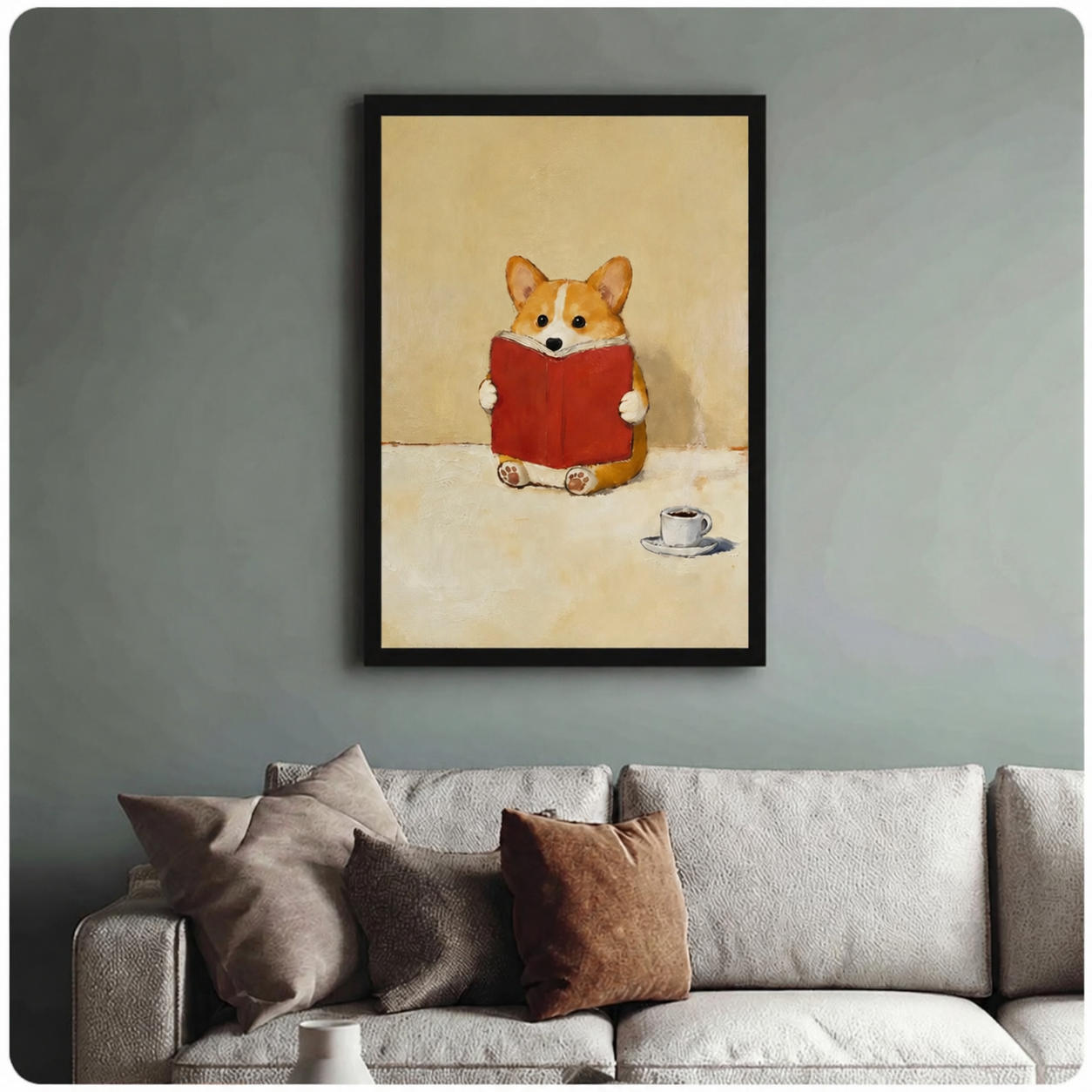 Black-framed corgi reading art print above a beige sofa on a sage green wall, whimsical dog wall decor for living room
