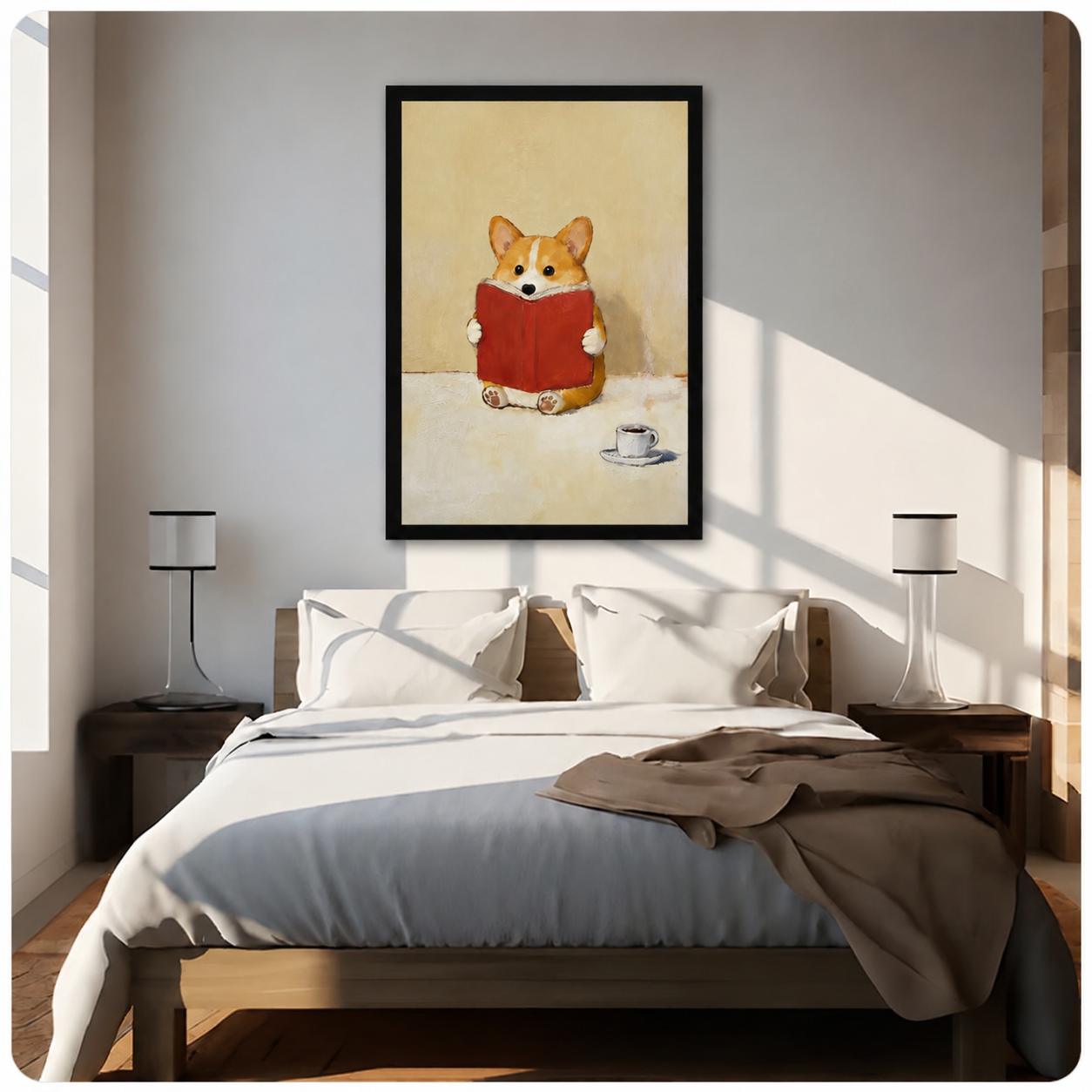 Black-framed corgi reading wall art displayed above a wooden bed in a bright minimalist bedroom, cute dog painting for bedroom decor