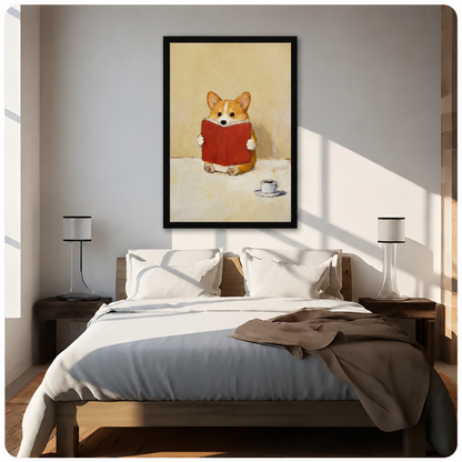 Black-framed corgi reading wall art displayed above a wooden bed in a bright minimalist bedroom, cute dog painting for bedroom decor