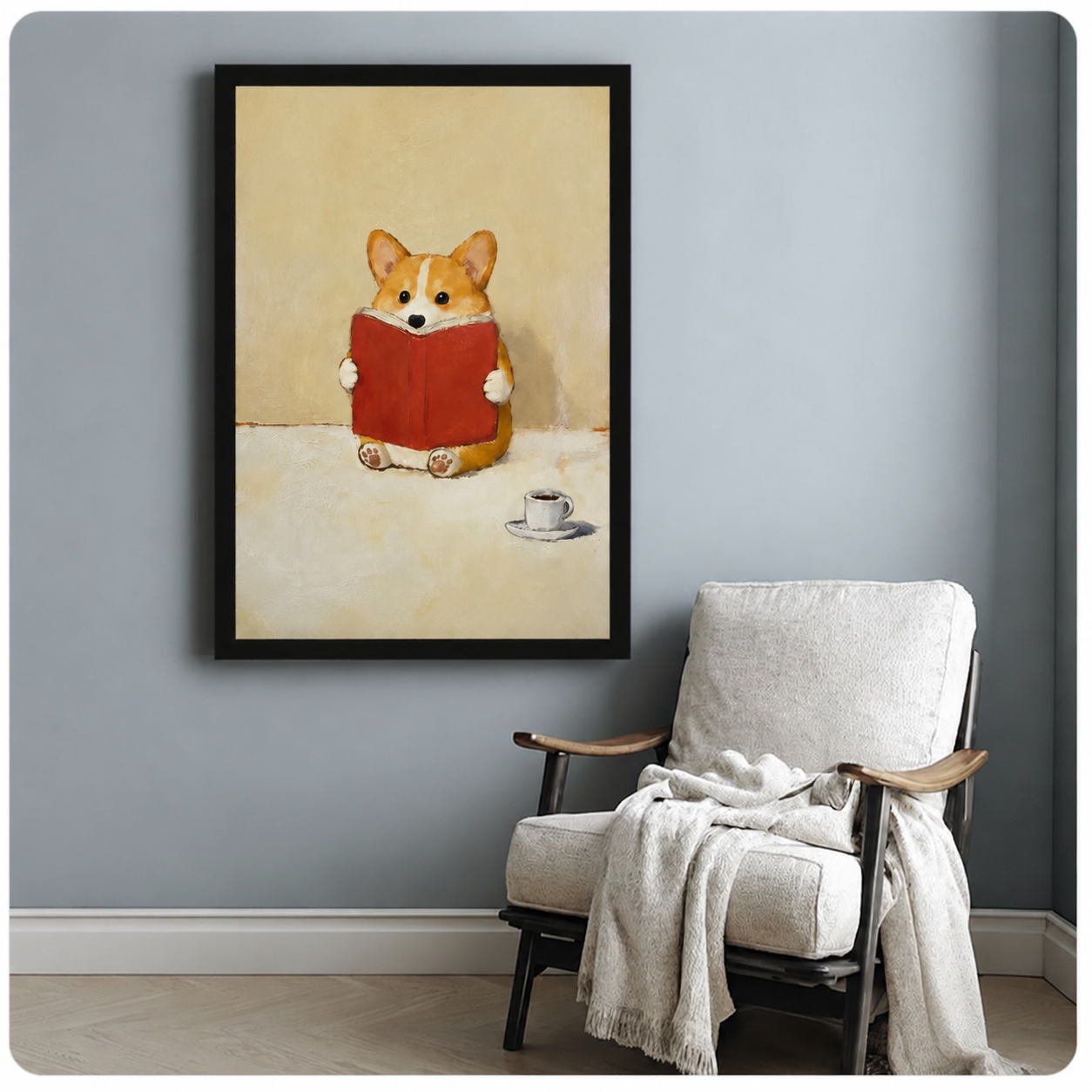 Framed corgi with red book wall art hung above a white armchair on a light blue-gray wall, cozy dog painting for home decor