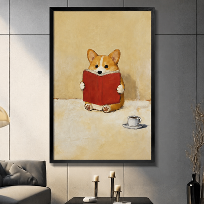 Framed oil painting of a cute corgi reading a red book with a coffee cup, displayed on a dark gray wall in a modern living room