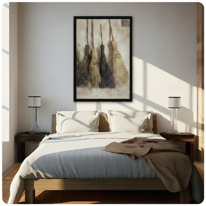 Four vintage witch brooms in soft beige oil painting style, black framed cottagecore wall art print above wooden bed in bright minimalist bedroom