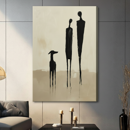 Abstract black silhouette of couple and sighthound on cream background, stretched canvas print displayed on grey wall in contemporary living room