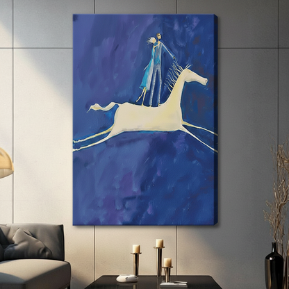 Gallery wrapped canvas art featuring surrealist couple riding atop white running horse with flowing mane on rich cobalt blue textured background, hung on grey wall above console table