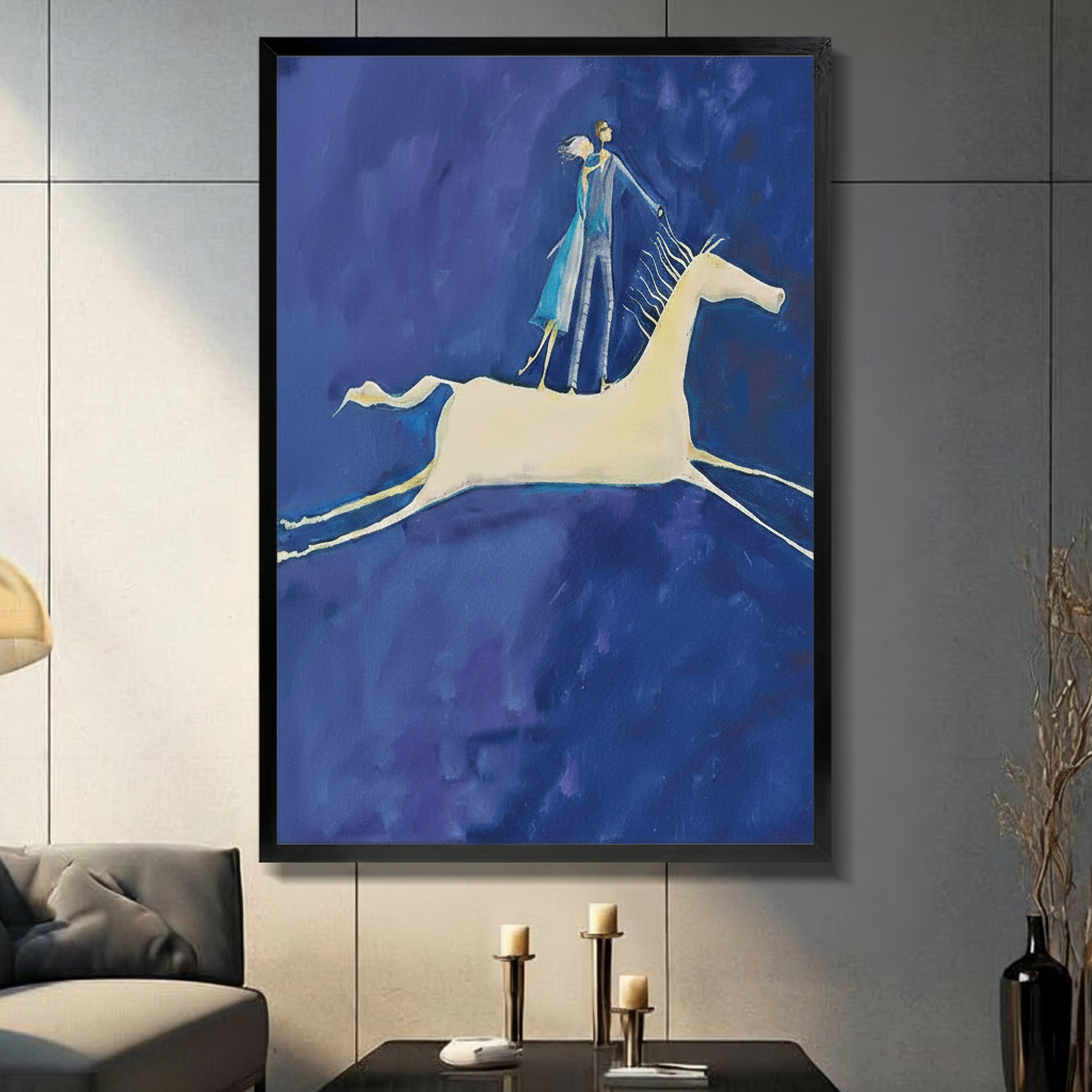 Black framed canvas print of couple in blue coats standing on white galloping horse against deep blue oil painting background, displayed on grey wall above console table with candles