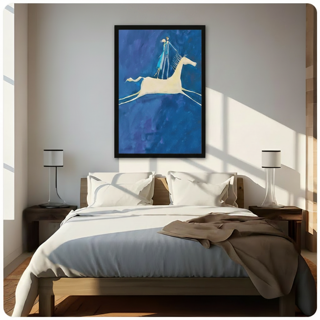 Large framed surrealist wall art above bed depicting couple standing on white galloping horse against deep cobalt blue oil painting background, in sunlit neutral bedroom with wood furniture