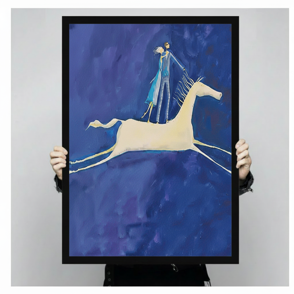 Hand-held black framed poster print of surrealist couple in blue coats standing on white galloping horse with flowing mane against vivid deep blue painted background