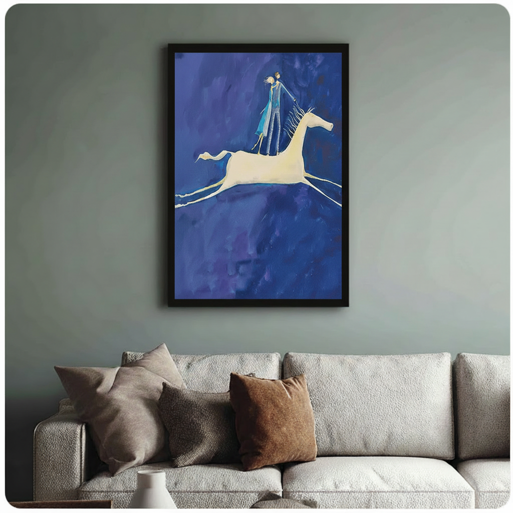  Framed surrealist wall art print of two figures in blue standing on white galloping horse against deep blue background, displayed above linen sofa in sage green living room