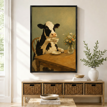 Framed canvas print of a whimsical Holstein cow sitting at a wooden table drinking tea from a floral teacup, displayed above a rattan storage console in a bright farmhouse entryway