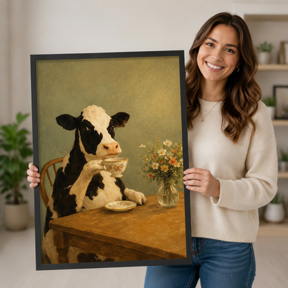 Smiling woman holding a large framed canvas print of a cow drinking tea with wildflowers, showing print size, black frame detail, and vintage oil painting style up close