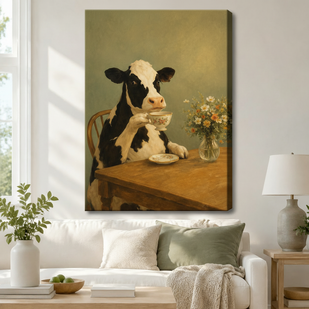 Gallery wrap canvas featuring a charming black and white cow holding a porcelain teacup beside a wildflower bouquet, hung above a white linen sofa in a cozy neutral living room