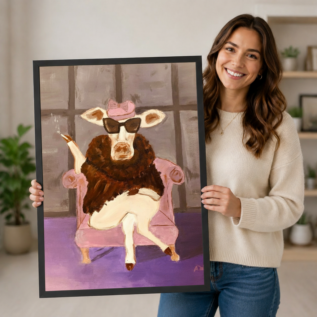 Woman holding framed canvas print of a stylish cow in sunglasses — premium whimsical animal wall art gift idea