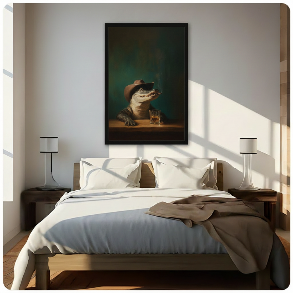 Moody wall art print of a cowboy alligator at a bar with whiskey, styled above a bed in a warm neutral bedroom