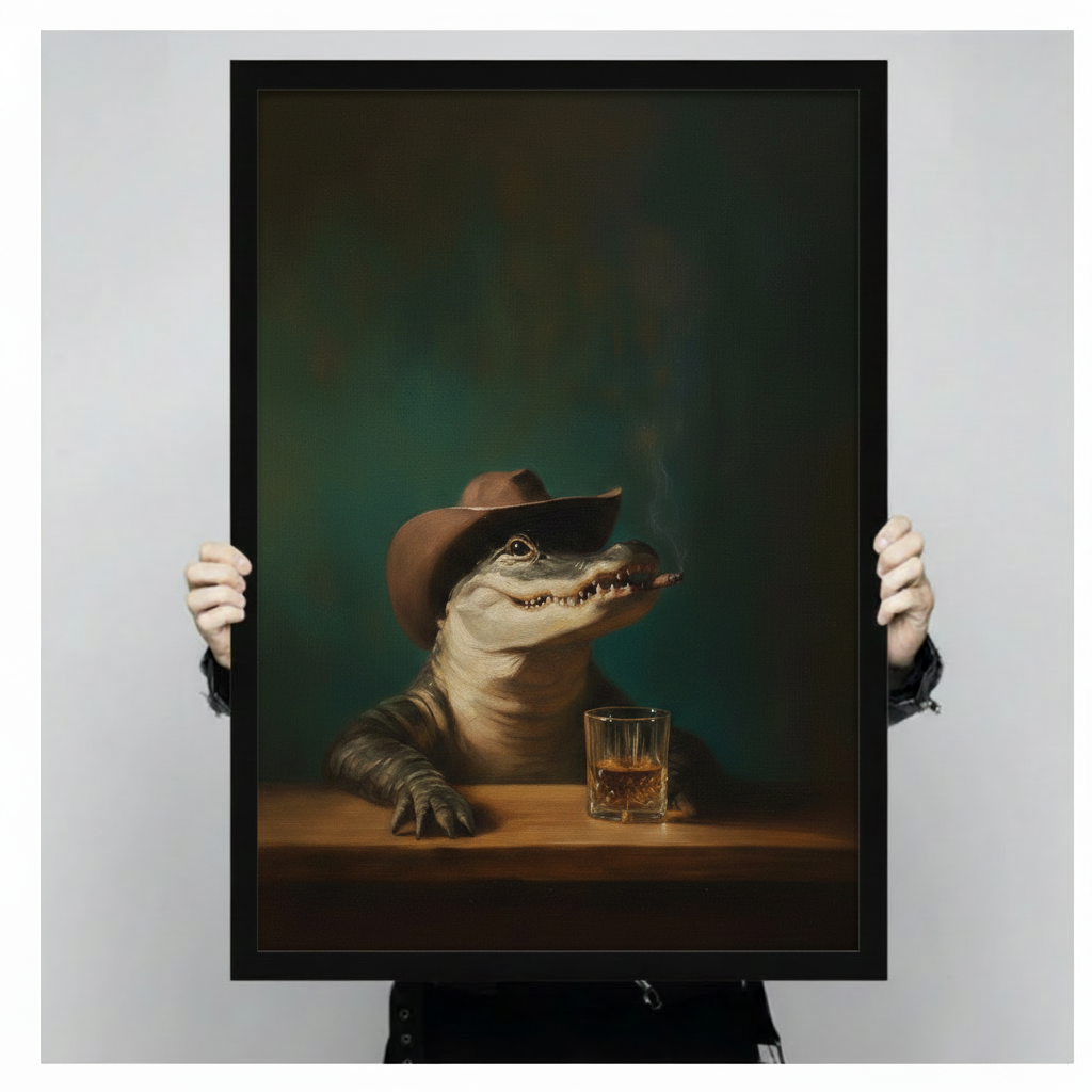 Close-up of a black framed fine art print showing a vintage-style alligator in a cowboy hat with a whiskey tumbler