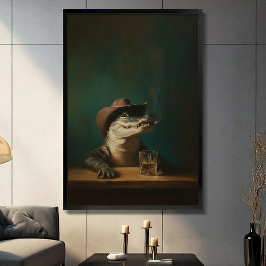 Framed wall art print of a cowboy alligator with a whiskey glass, displayed in a moody living room setting