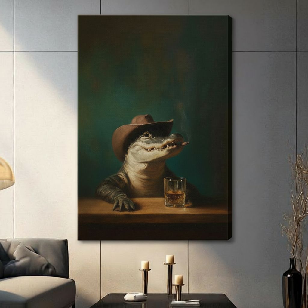 Gallery-wrapped canvas print featuring a dapper alligator in a cowboy hat with a glass of whiskey, dark teal background