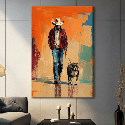 Gallery wrap canvas of a cowboy in a red jacket leading a bulldog, bold abstract expressionist oil painting style in warm orange and teal tones, hung in a contemporary living room